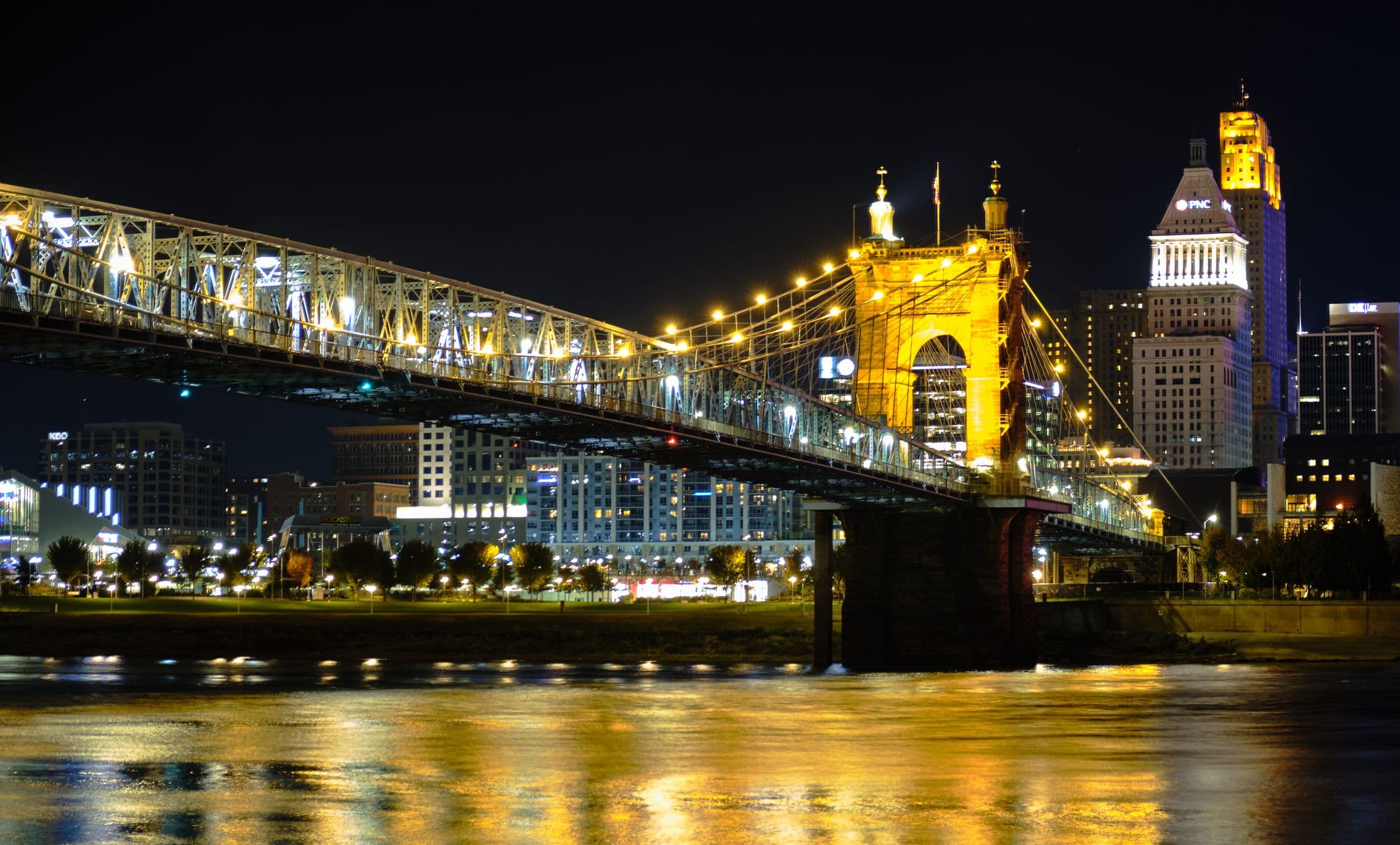 The Roebling Suspension Bridge and downtown Cincinnati at night